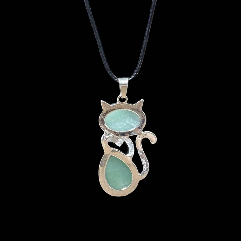 Green Aventurine Crystal Cat Pendant Black Cord Necklace - Picture 2 of 3